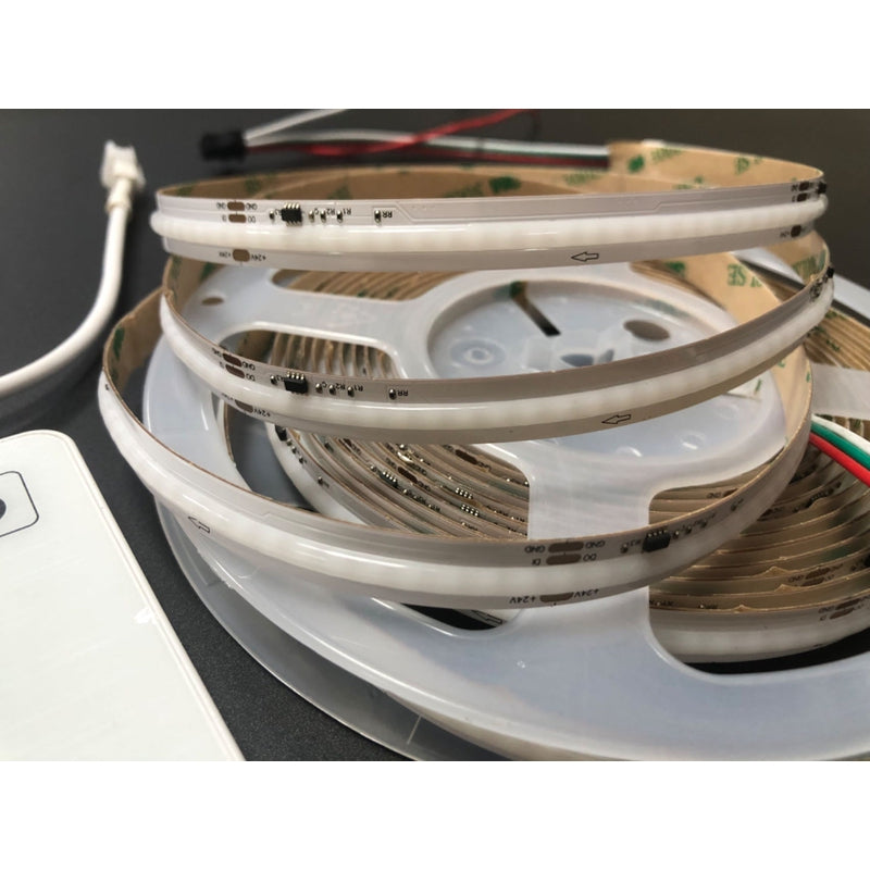 WS2811 COB LED strip illuminated showing smooth dot-free RGB lighting
