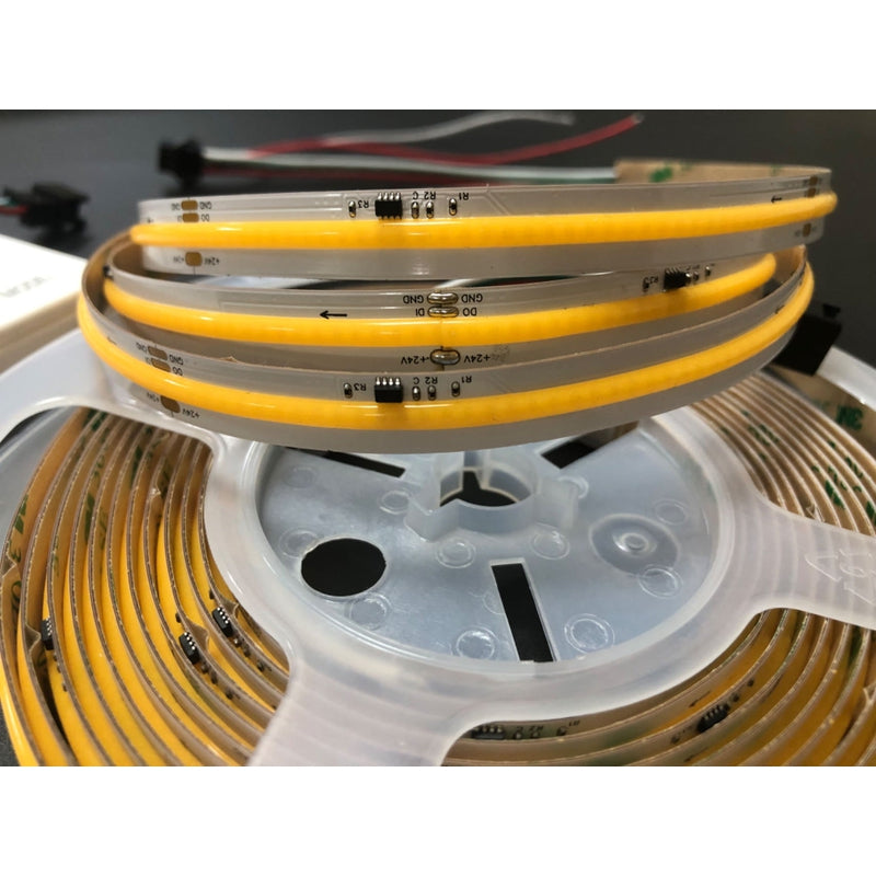 Close-up of high-density 720 LEDs per metre COB LED strip construction
