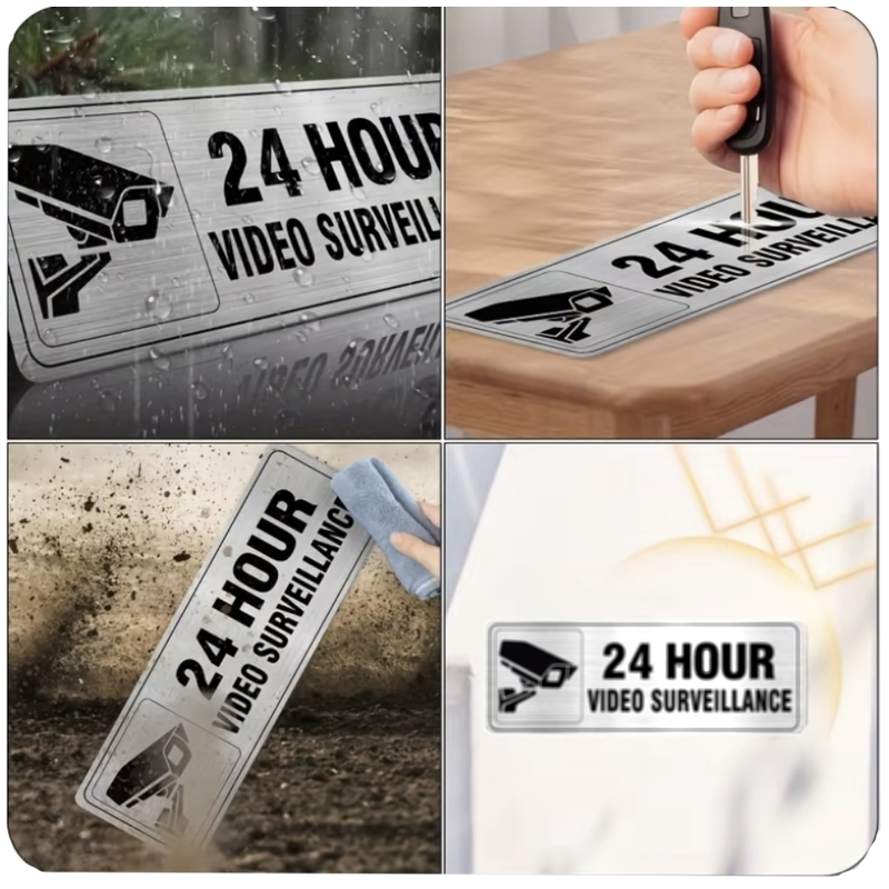 Weather-resistant aluminium surveillance sign for property security