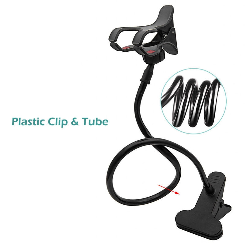 Phone holder with flexible gooseneck arm positioned for viewing