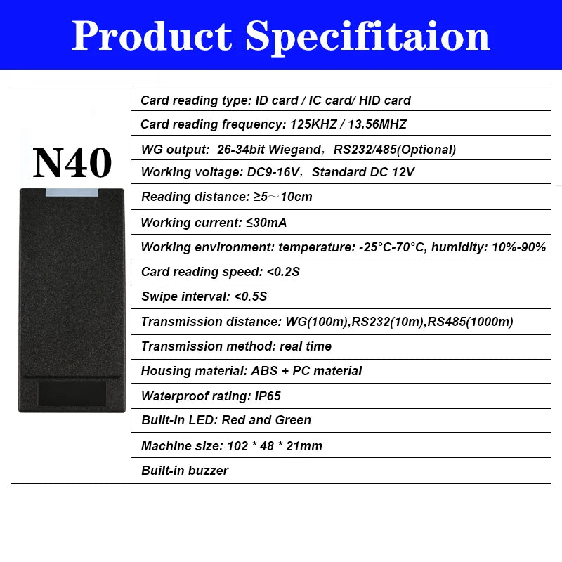 RFID Access Control Card Reader 125Khz Access Control Reader HID Waterproof Wiegand Card Reader