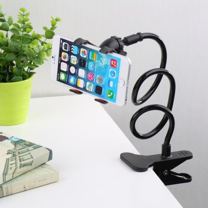 Flexible gooseneck phone holder clipped to desk with smartphone mounted