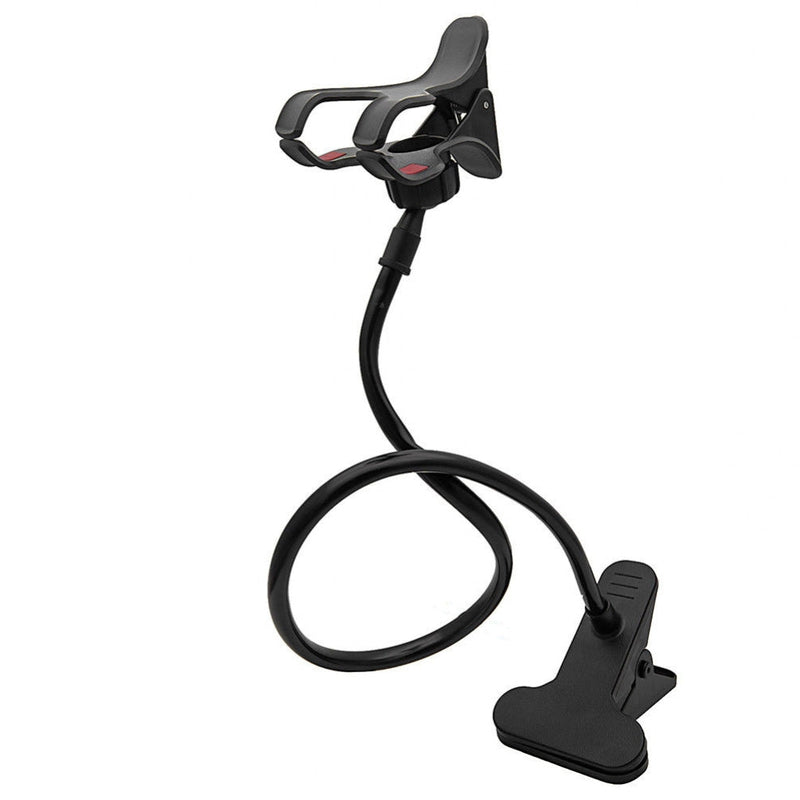 Gooseneck tablet holder stand showing adjustable arm and clip base