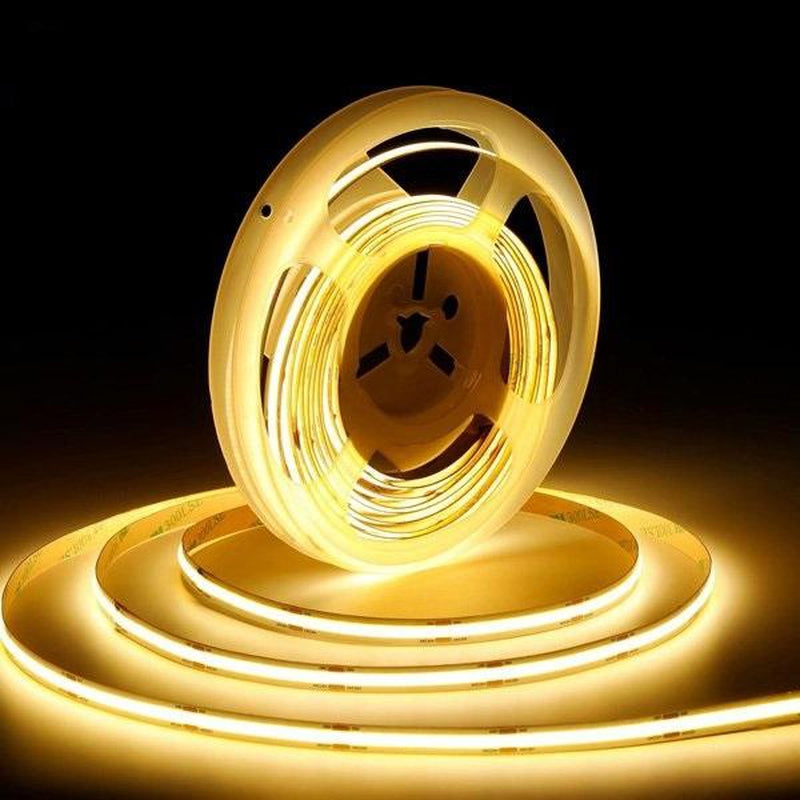 COB LED strip 480 LED/m with DC connector showing ultra-bright solid light effect