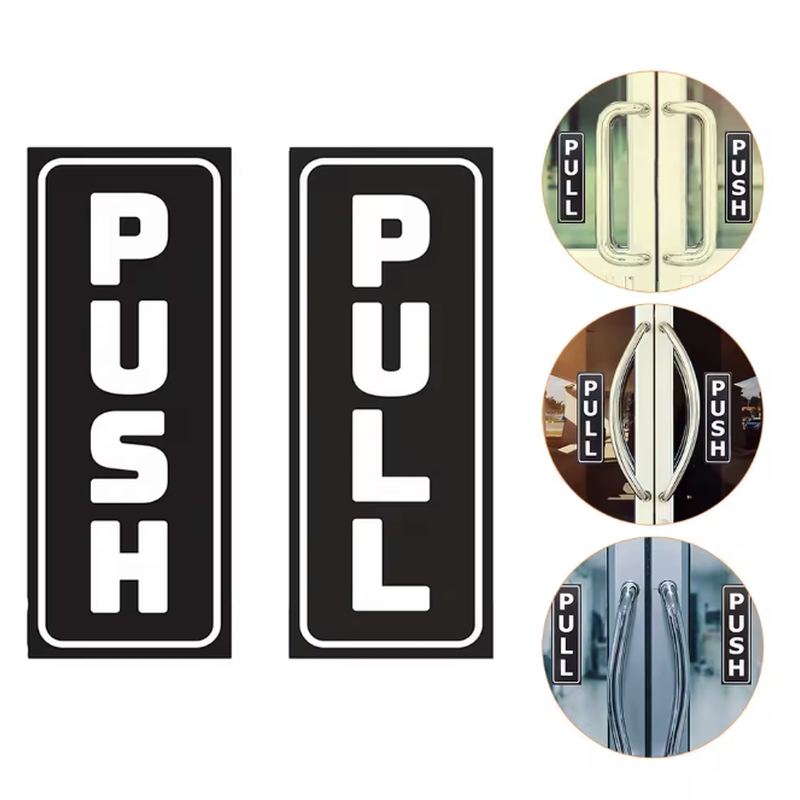 Push pull door sign stickers pair close up detail