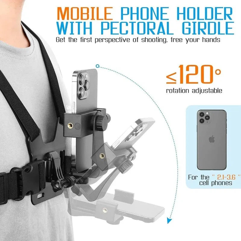 Phone holder chest mount with elastic strap and J-shaped base