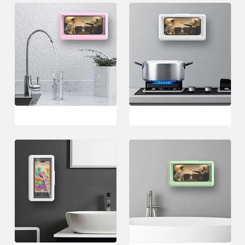 Wall mounted phone holder in bathroom setting