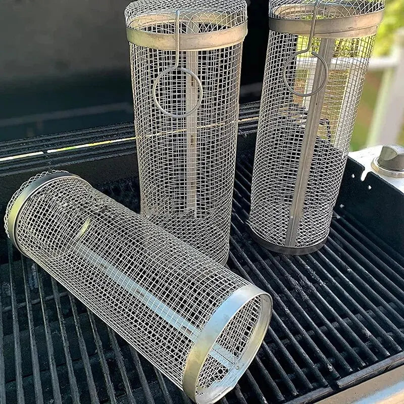 Rolling BBQ basket with food inside
