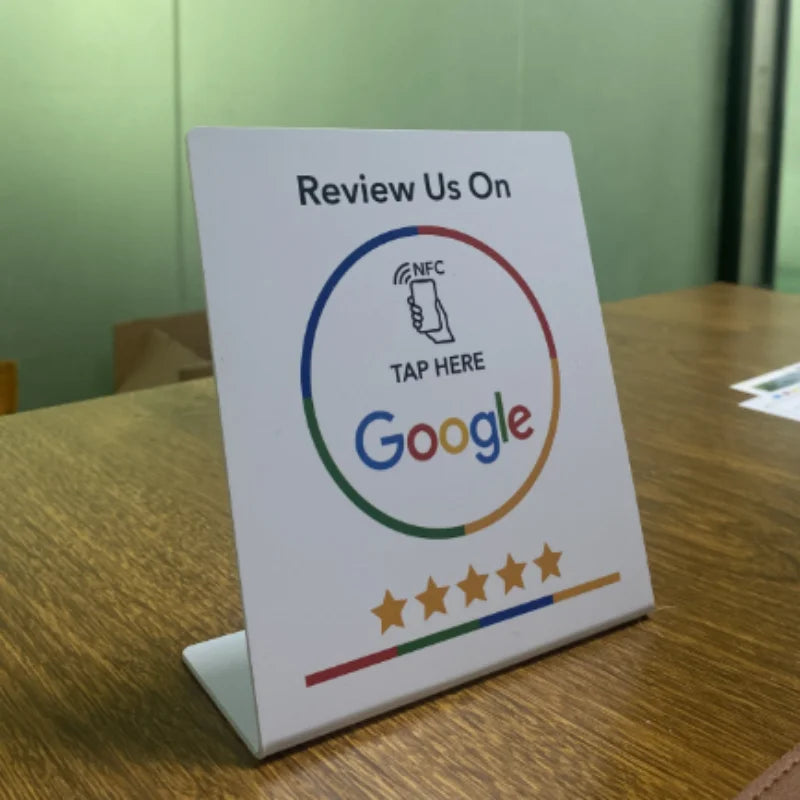 Close-up of Google Review NFC tag and stand