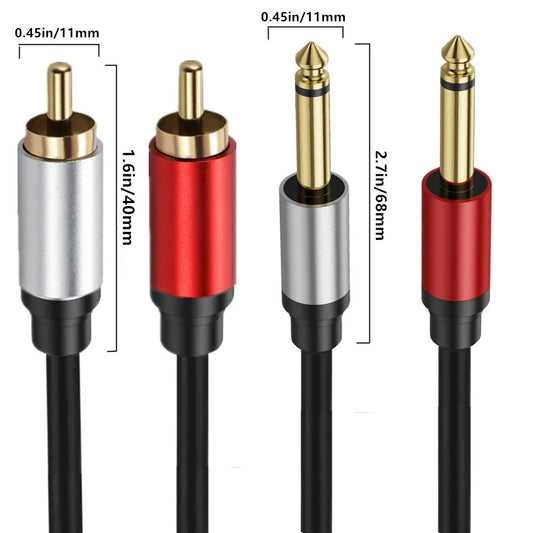 Gold-plated RCA and 6.35mm TS plugs with metal shells, dimensions