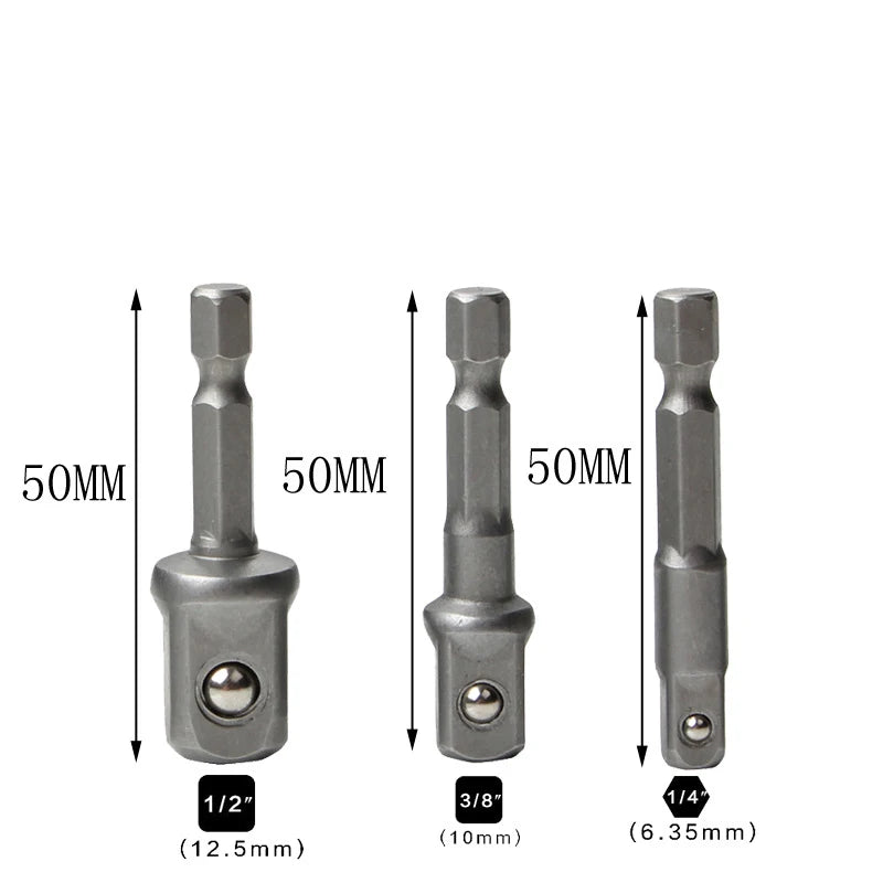 3-piece socket adapter set with 1/4, 3/8 and 1/2 inch square drives