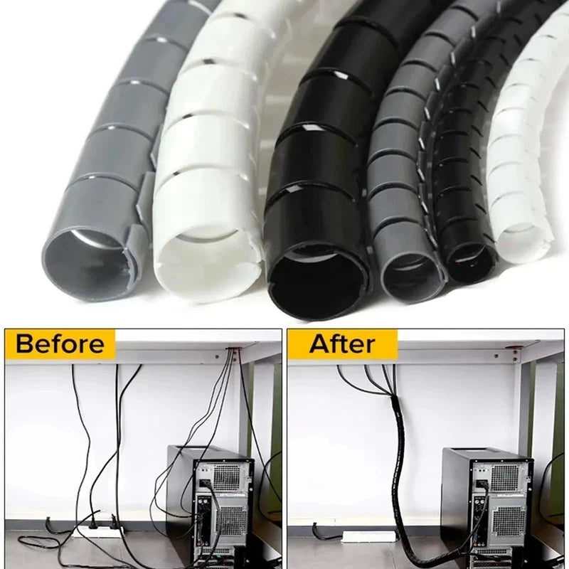 Black spiral cable organiser showing flexible winding design