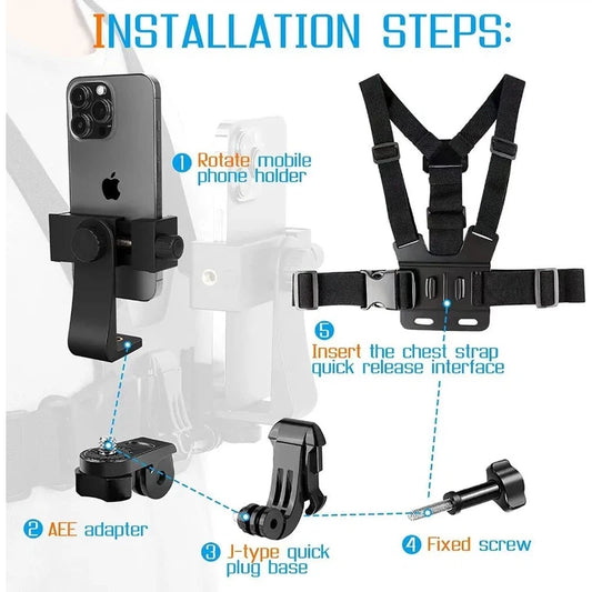 Adjustable Phone Clip Holder with Chest Strap Fixing Bracket for Sport Camera Mobile Phone, compatible with GoPro Hero cameras