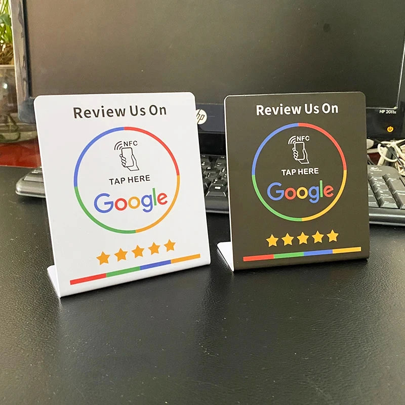 Google Review NFC stand with contactless tap technology