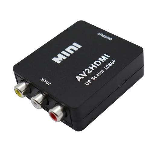 AV to HDMI converter showing RCA inputs