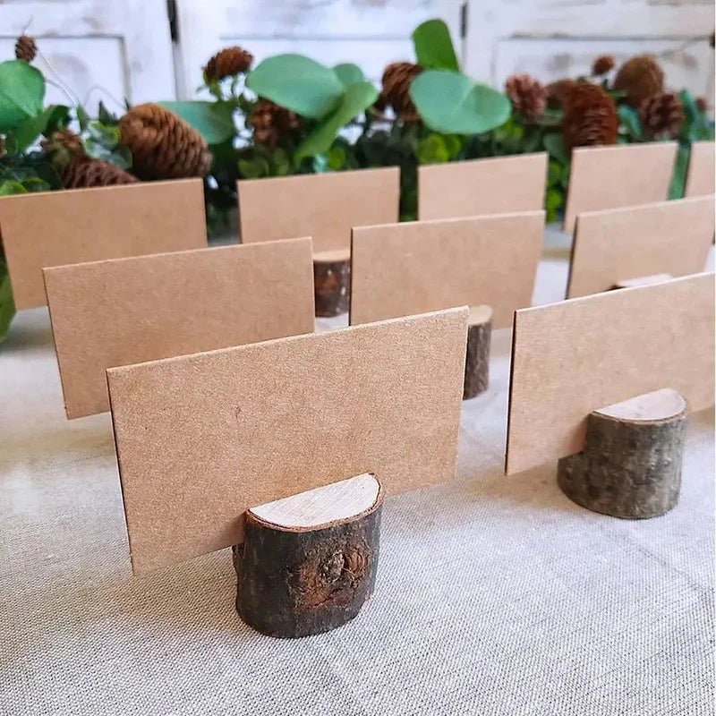 Wooden place card holder with card displayed on table