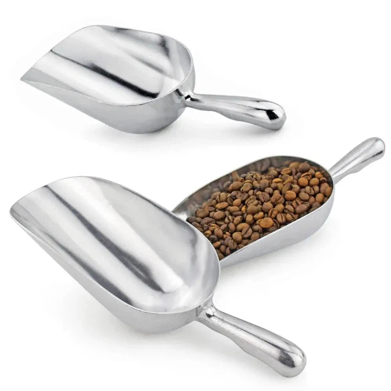 Aluminium food scoop showing capacity and handle