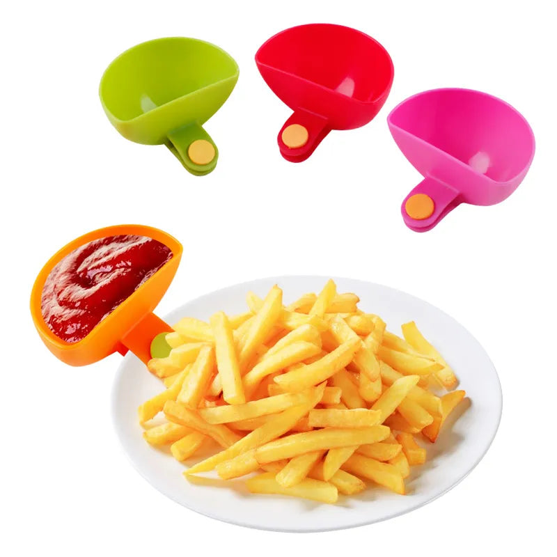 Set of 4 colourful clip-on dip bowls attached to plates