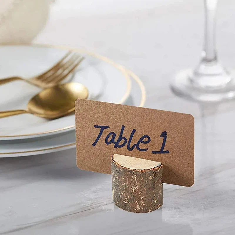 Natural wooden card holder displaying table number
