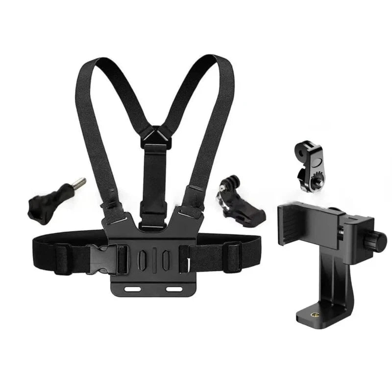 GoPro compatible chest mount holder with phone clip