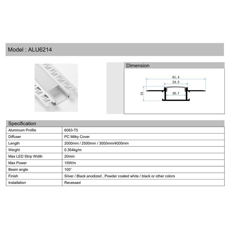 LED Aluminium Extrusion Profile for LED strip ALU-6214A