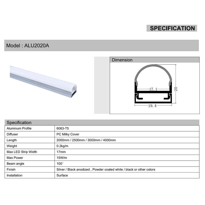 LED Aluminium Extrusion Profile for LED strip ALU-2020A