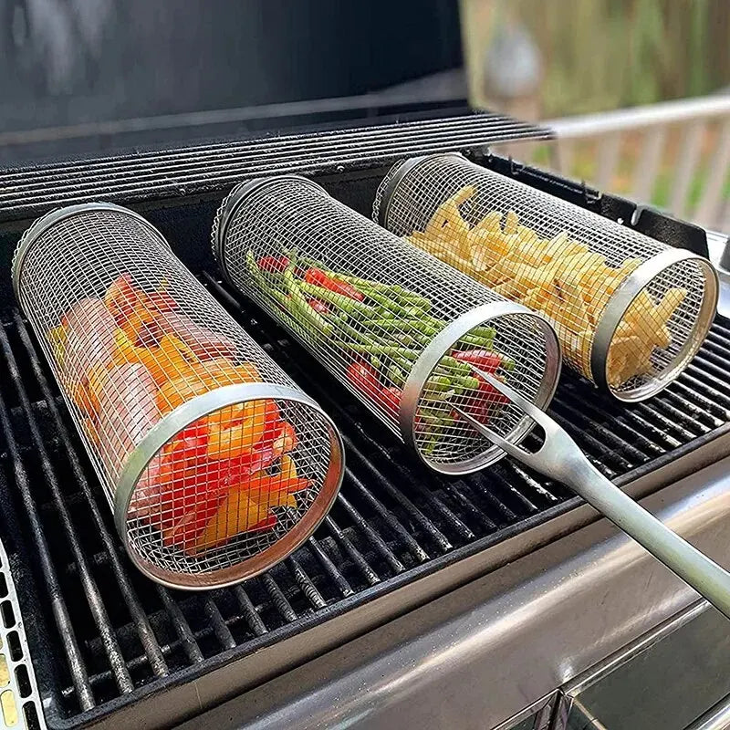 Stainless steel rolling BBQ basket with handles