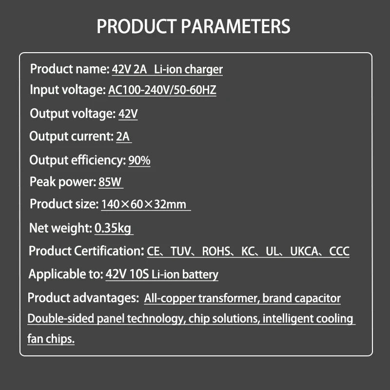 42V 2A charger specifications