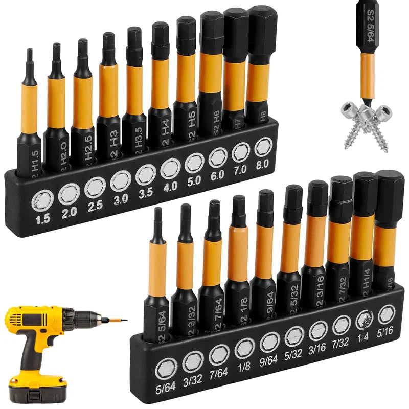 20-piece impact hex allen key drill bit set with metric and imperial sizes