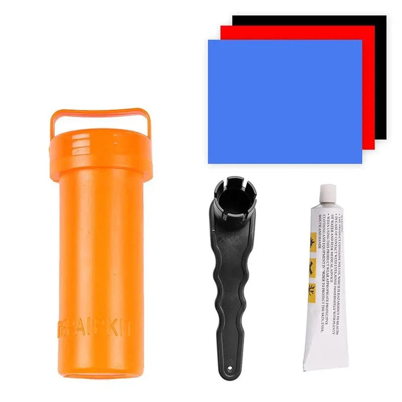 SUP repair kit components in orange case