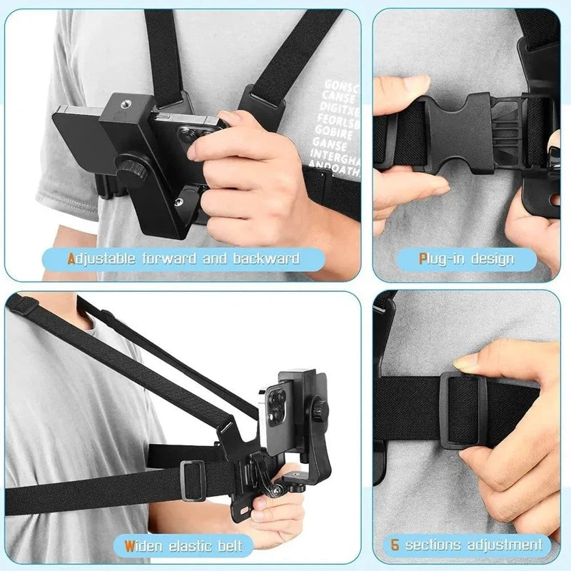 Close-up of 145° adjustable phone clip on chest mount