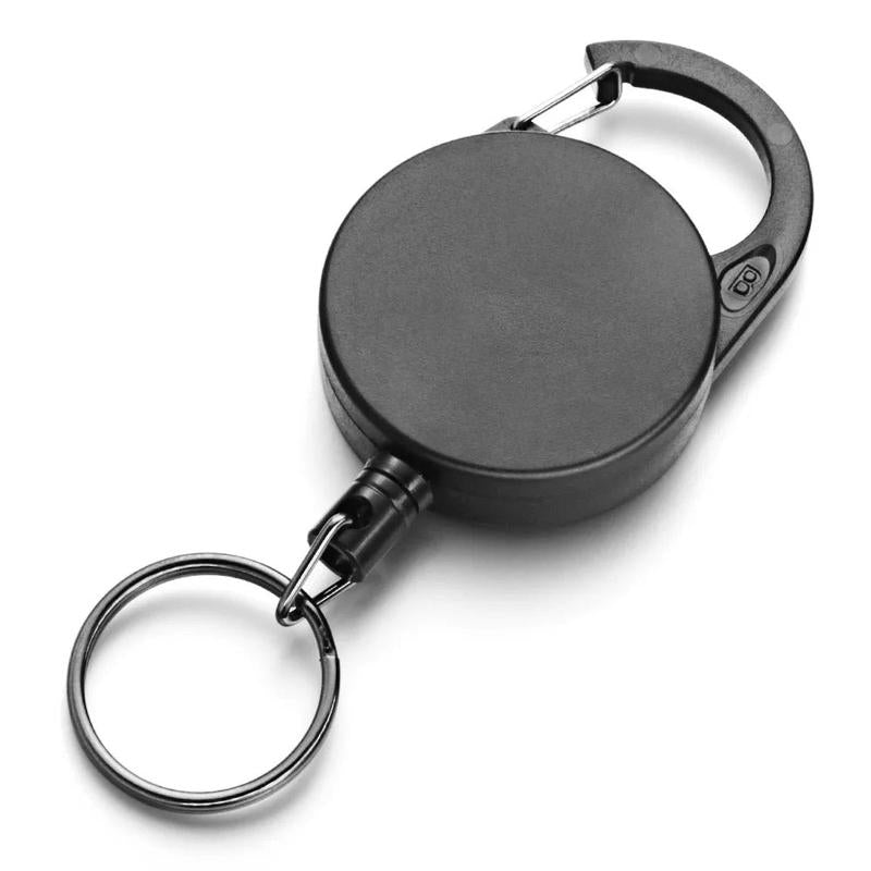Retractable keychain reel with 65cm extension and belt clip