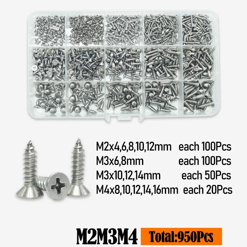 Close up of countersunk Phillips head stainless steel tapping screws