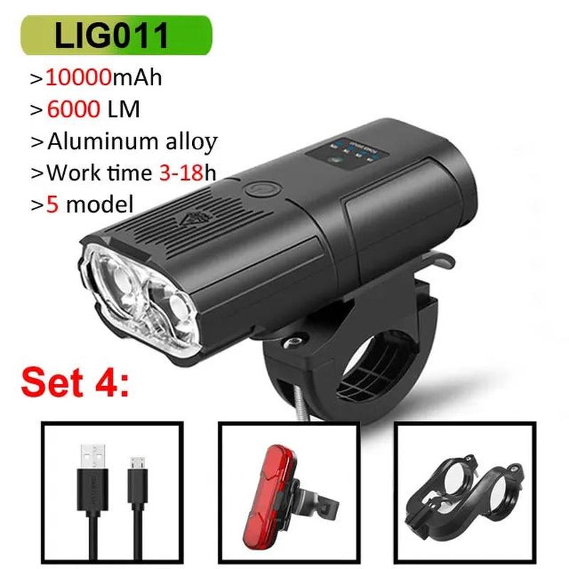Smart Bike Light set, Super-bright 6000 Lumen plus tail light, rechargeable, waterproof