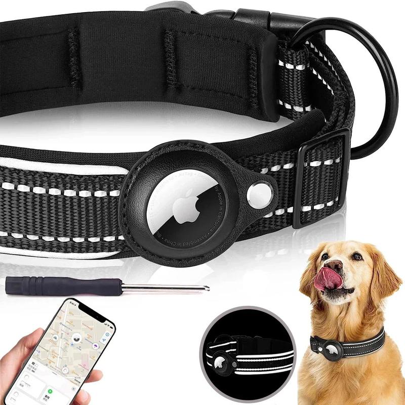 Reflective pet collar with integrated AirTag holder in black