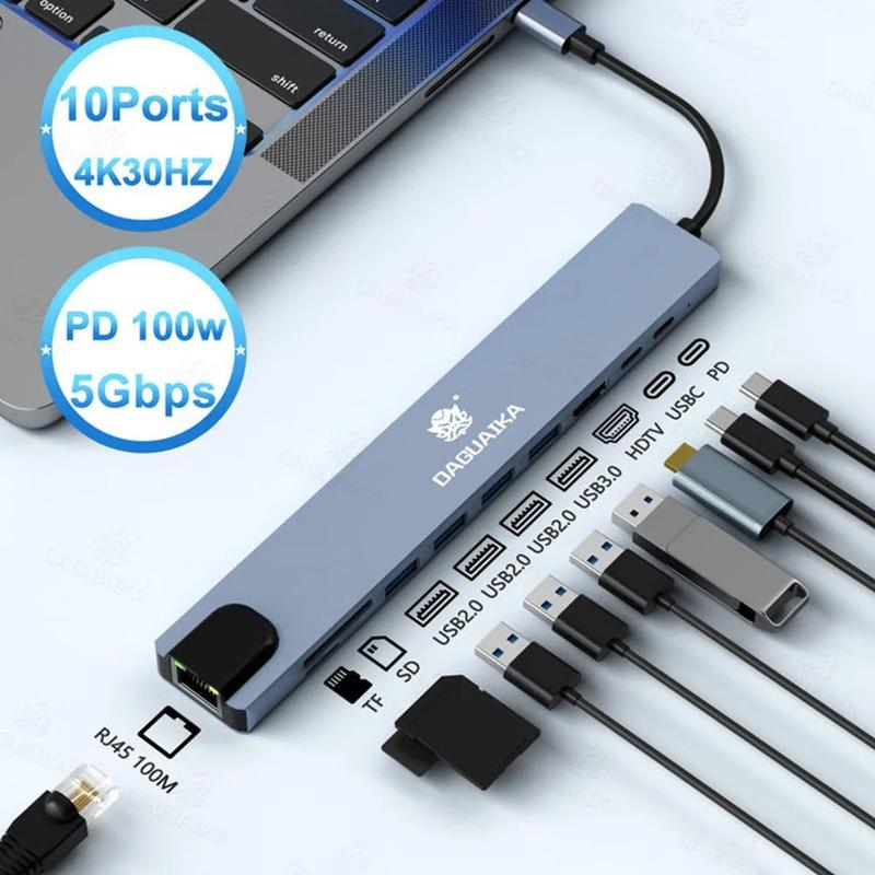 USB-C 10-in-1 docking station with multiple ports for laptops and tablets