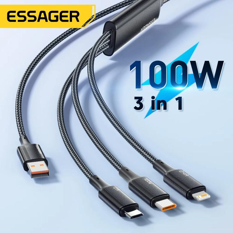 Close-up of Essager cable Type-C, Lightning and Micro-USB connector tips