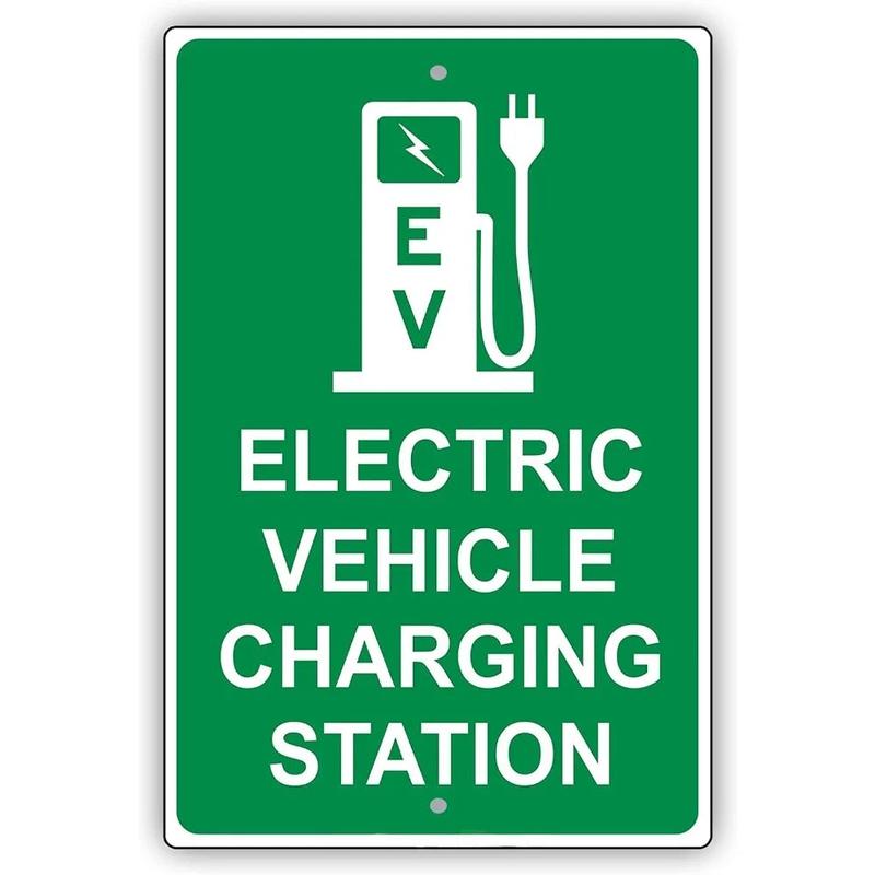 Metal tin EV charging sign showing size and detail
