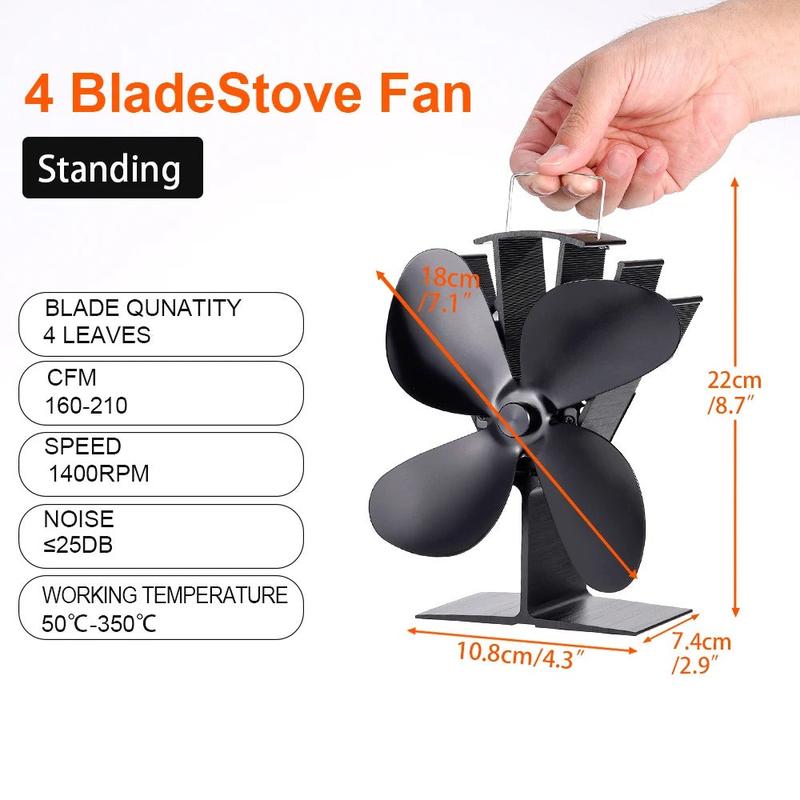 Heat-powered stove fan with 4 blades in operation on fireplace