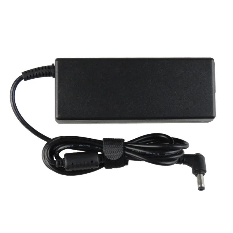 90W power adapter showing connector tips and output specifications