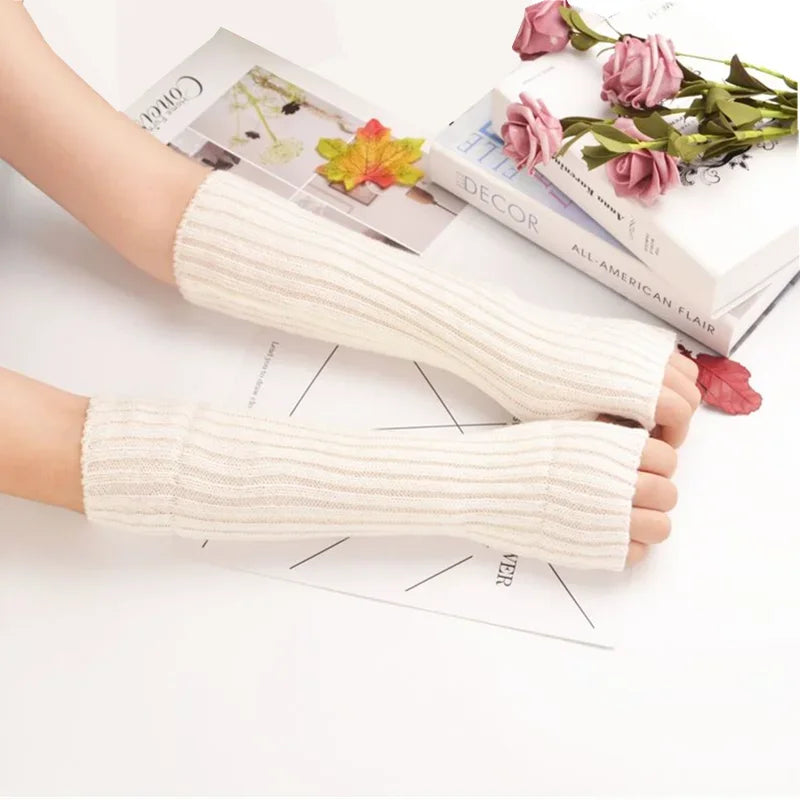 Long knit arm warmers worn showing fit and coverage