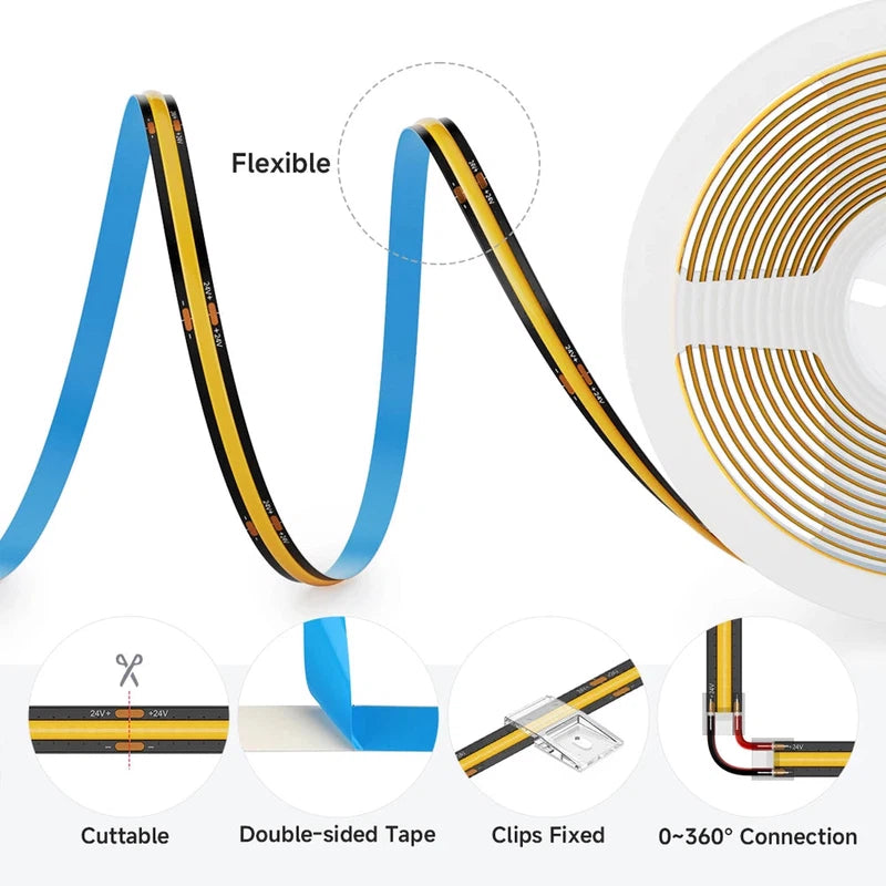 Close-up of 480 LED per metre COB strip on black circuit board