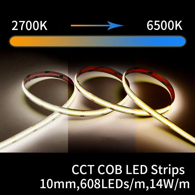 24v LED Strip, CCT 2700k-6500k, COB 608 LEDs/m, 10mm (5m strip)