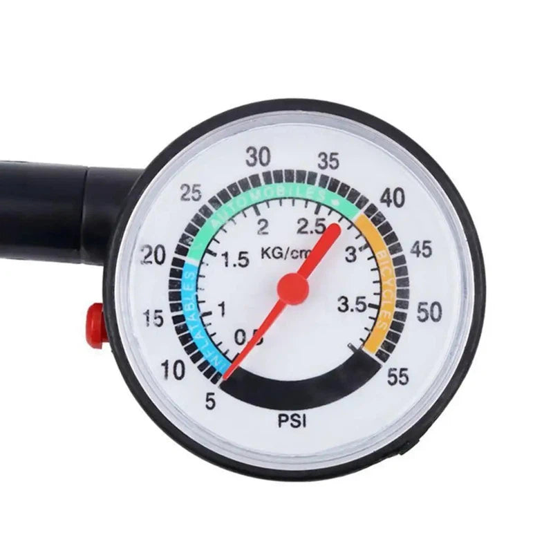 Compact tyre air pressure gauge with push button valve