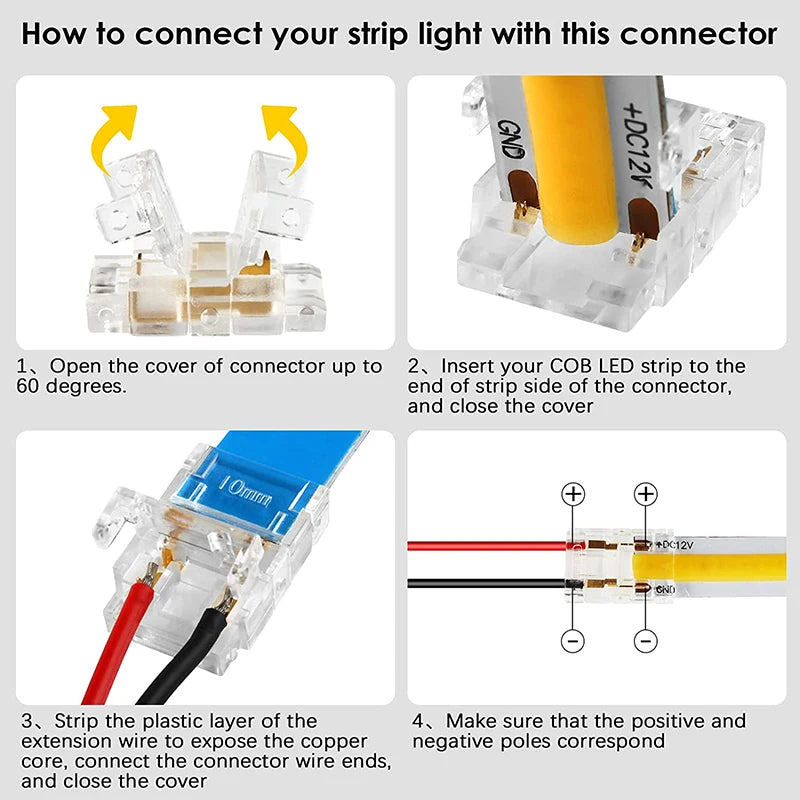 Solderless wire connector for 8mm COB LED strip