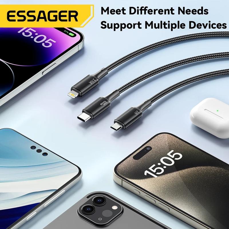 Essager 3-in-1 cable showing USB-A connector and durable construction