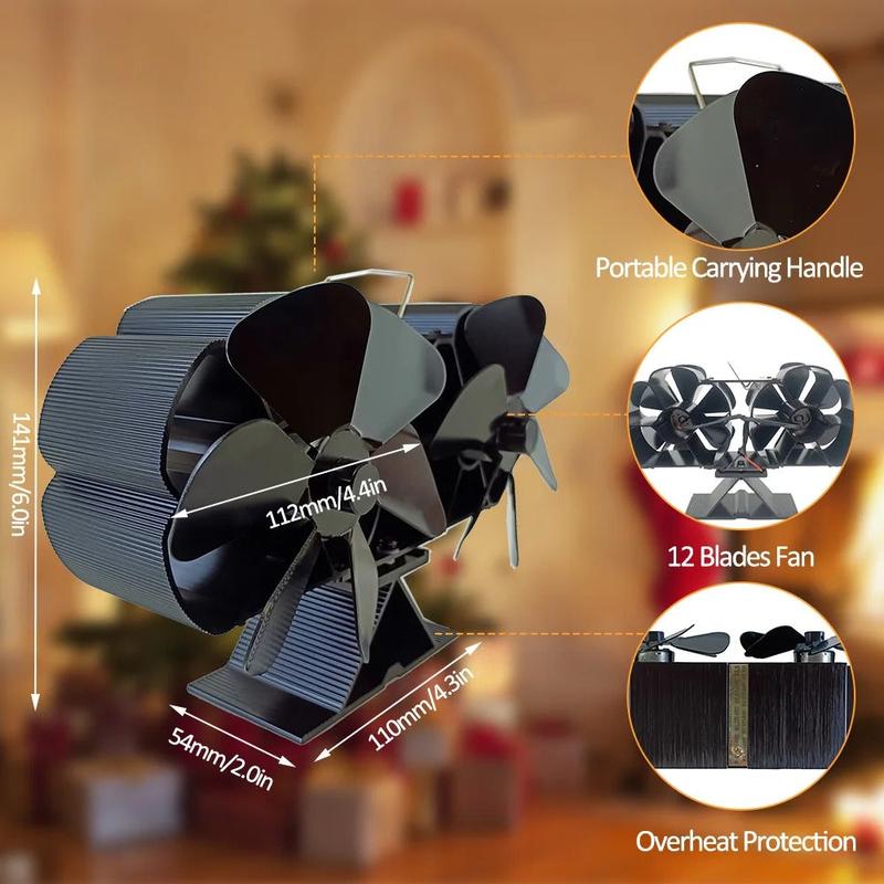Wood stove fan showing 6 blade design and dual motor system