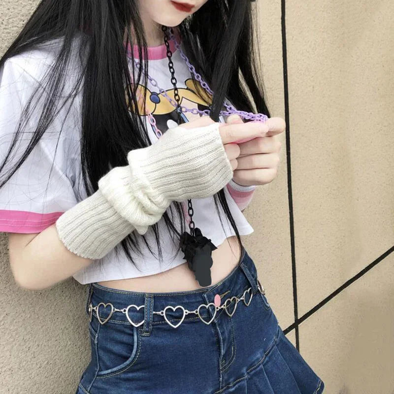 Women's long fingerless gloves styled with casual outfit