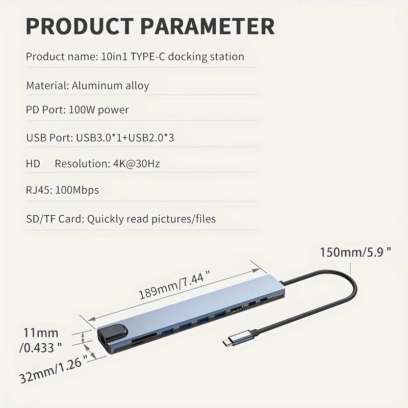 10-in-1 USB-C adapter showing port layout and connection options