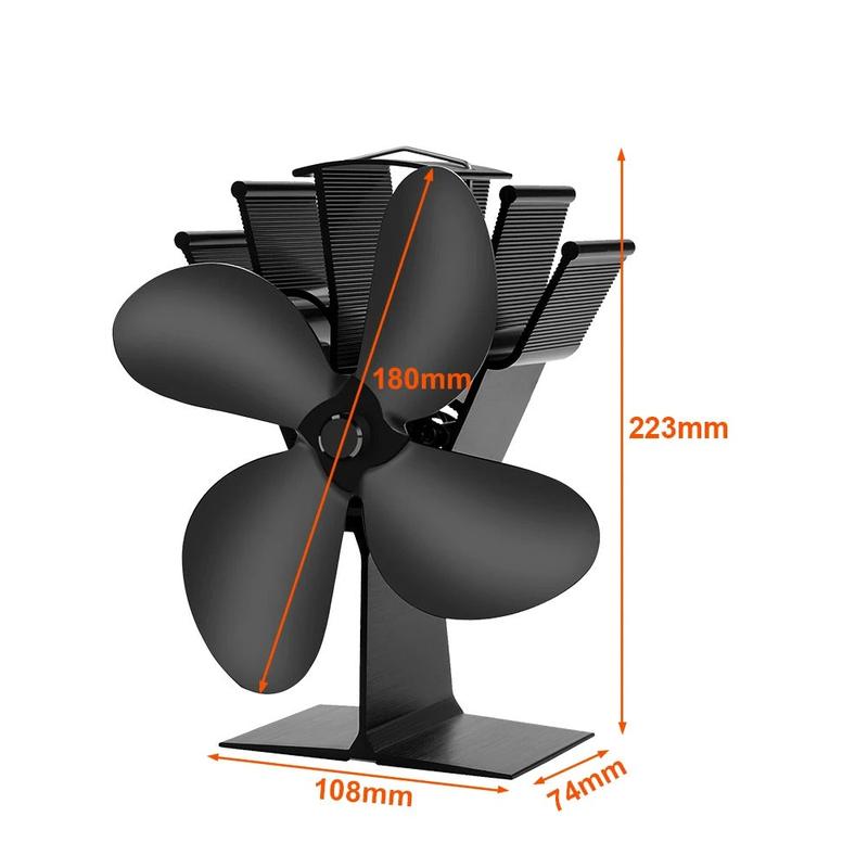 4-Blade fireplace fan packaging and product